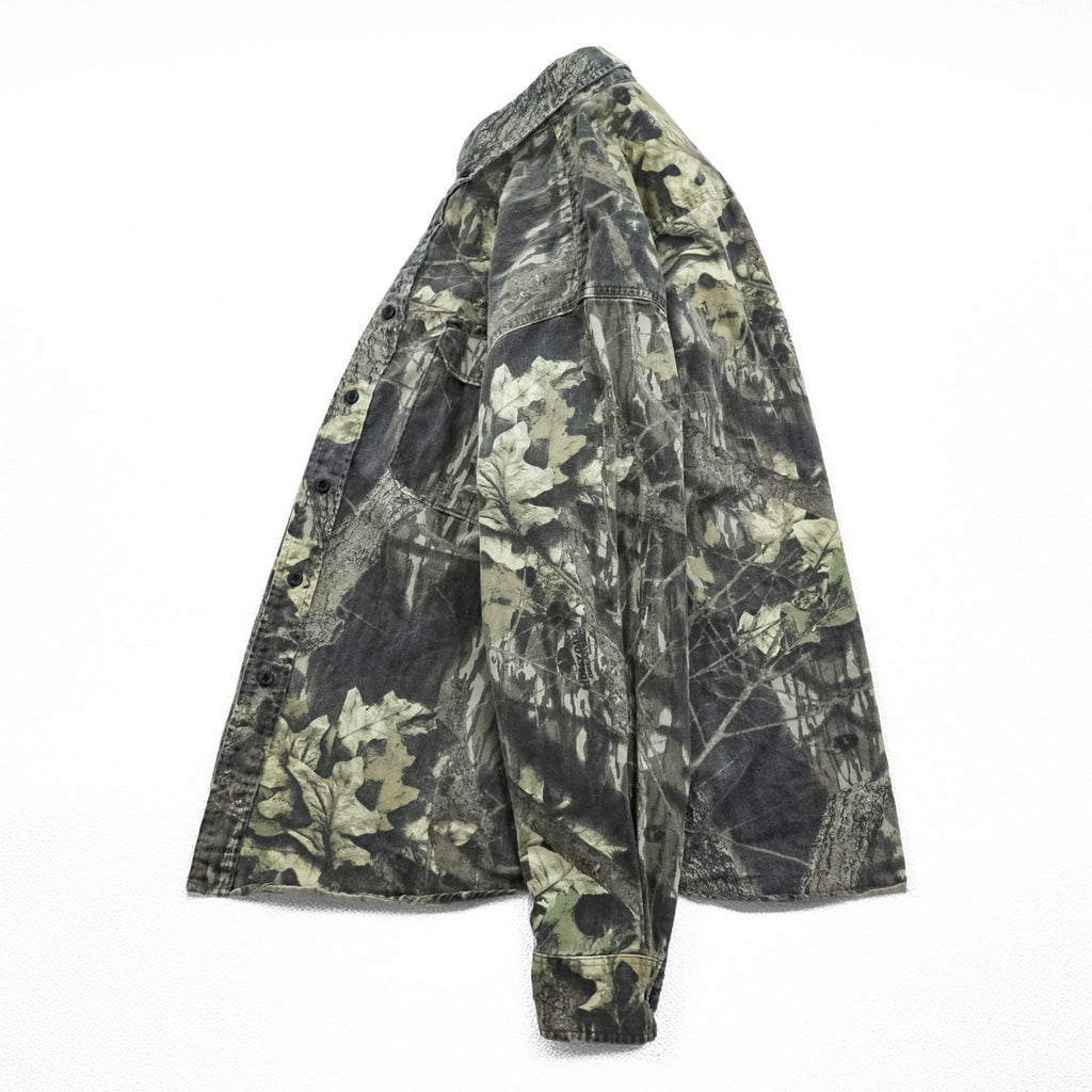JERZEES 90s Vintage Tree Camo Button-Down Shirt L Khaki Outdoors