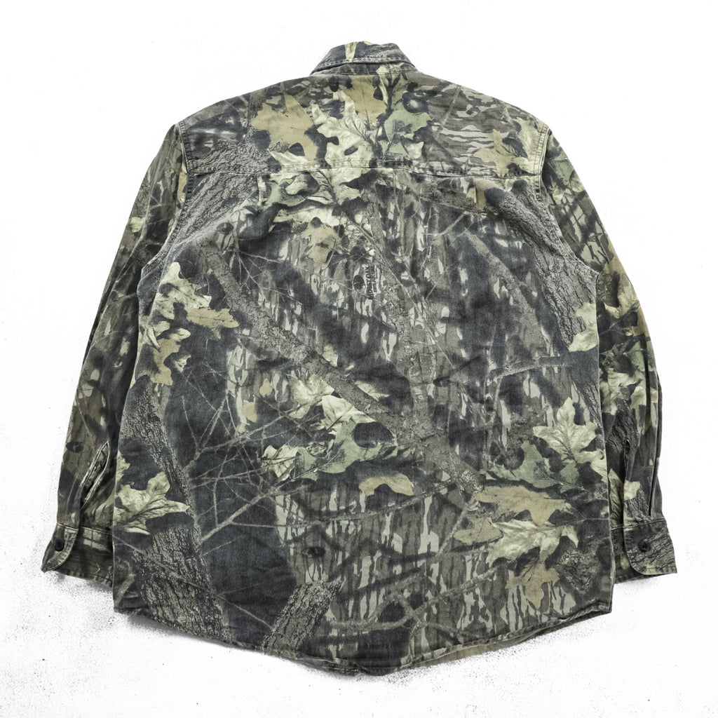 JERZEES 90s Vintage Tree Camo Button-Down Shirt L Khaki Outdoors