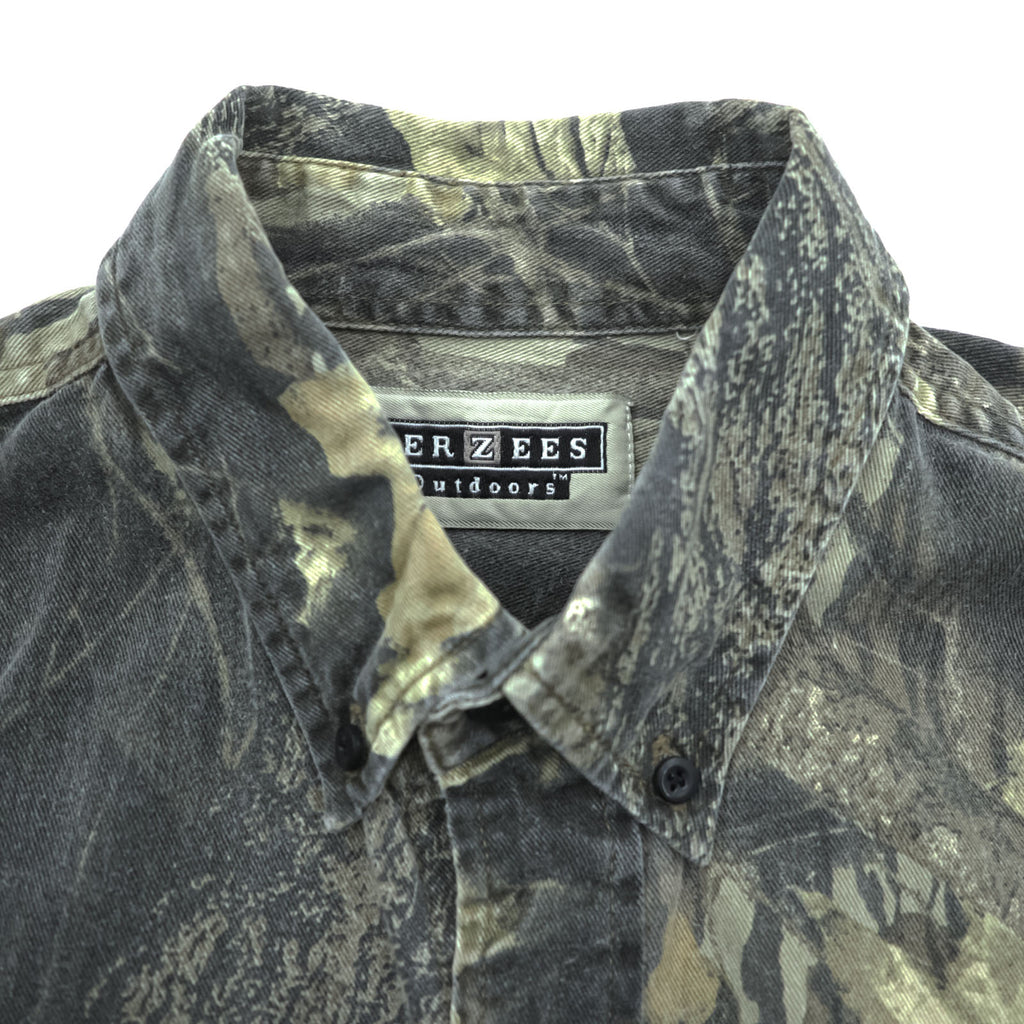 JERZEES 90s Vintage Tree Camo Button-Down Shirt L Khaki Outdoors