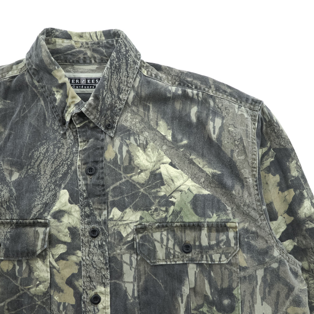 JERZEES 90s Vintage Tree Camo Button-Down Shirt L Khaki Outdoors