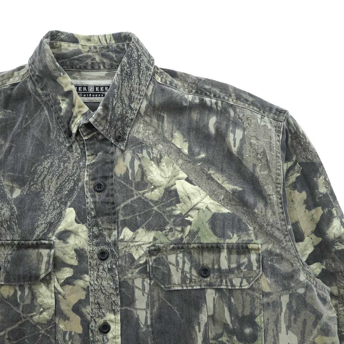 JERZEES 90s Vintage Tree Camo Button-Down Shirt L Khaki Outdoors