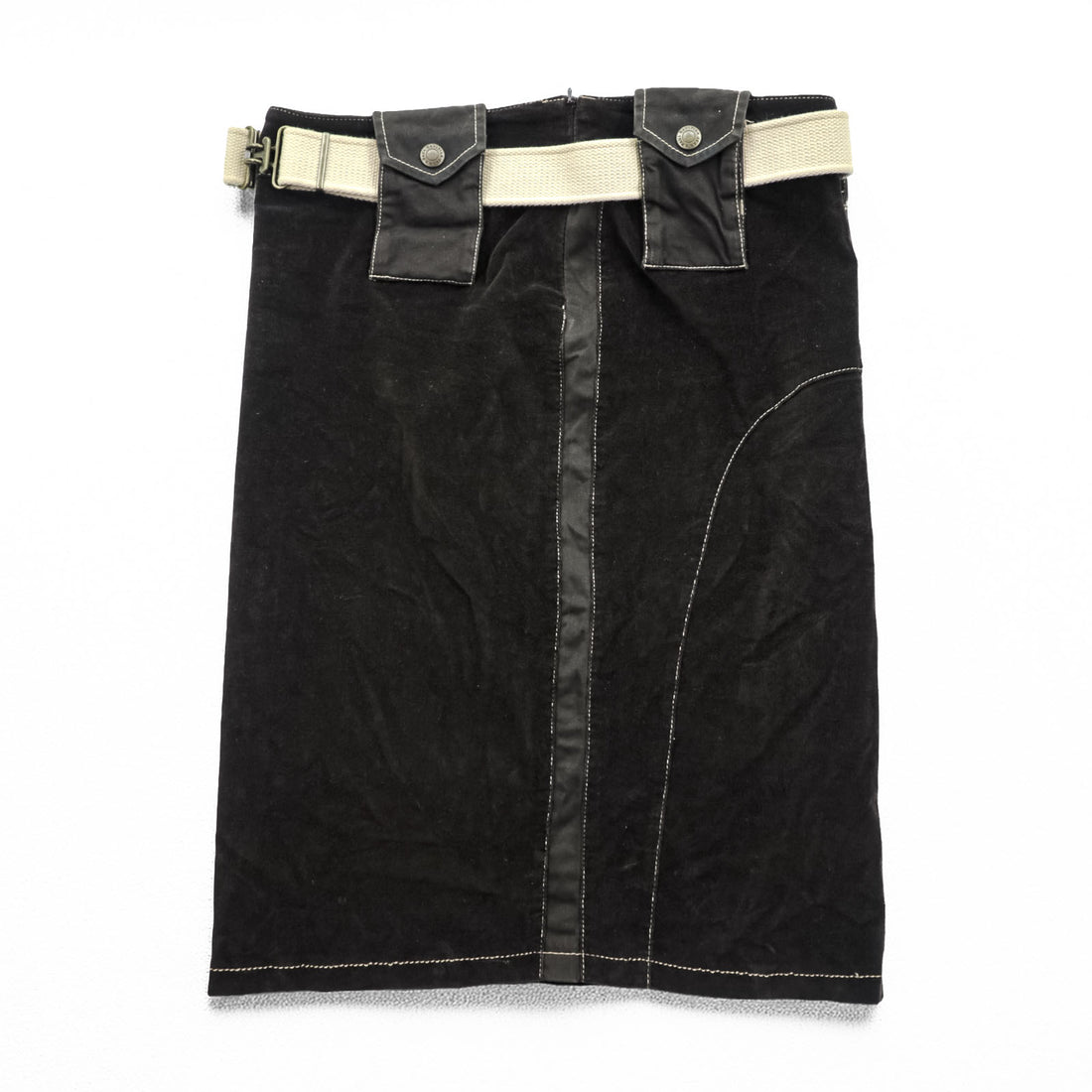Jean Paul GAULTIER 90年代 ヴィンテージ タイト スカート L ストレッチ ベロア コーデュロイ 膝丈 ベルト付き