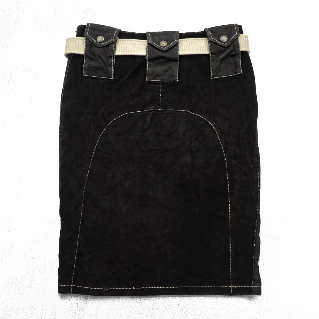 Jean Paul GAULTIER 90年代 ヴィンテージ タイト スカート L ストレッチ ベロア コーデュロイ 膝丈 ベルト付き