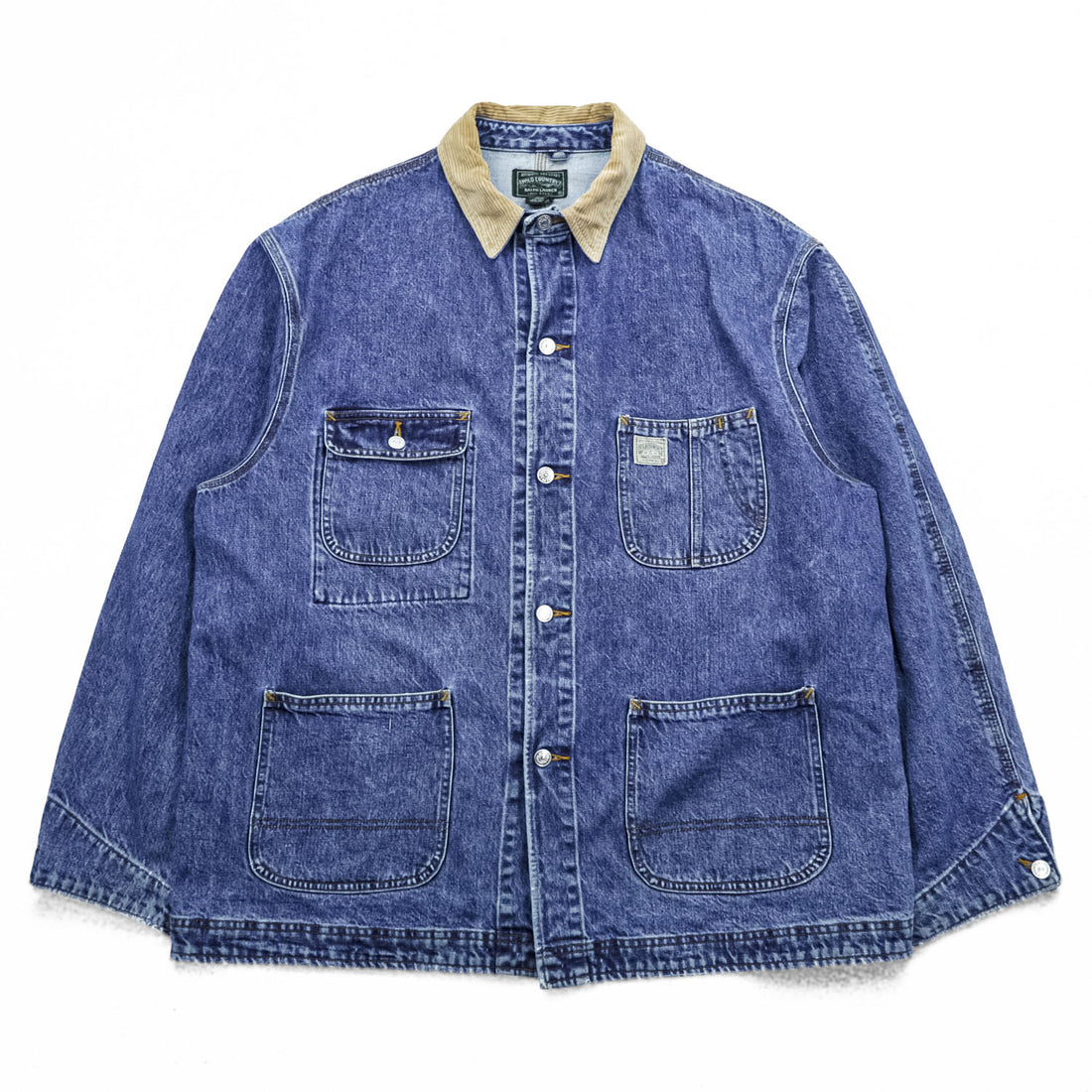 POLO COUNTRY RALPH LAUREN 80年代 USA製 ヴィンテージ デニム カバーオール ワークジャケット XL 4ポケット 襟コーデュロイ RRL チョアコート