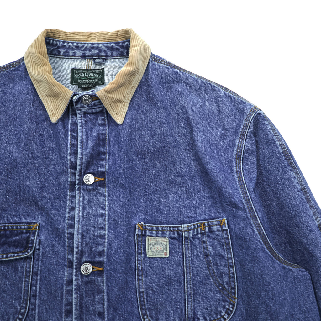 POLO COUNTRY RALPH LAUREN 80年代 USA製 ヴィンテージ デニム カバーオール ワークジャケット XL 4ポケット 襟コーデュロイ RRL チョアコート