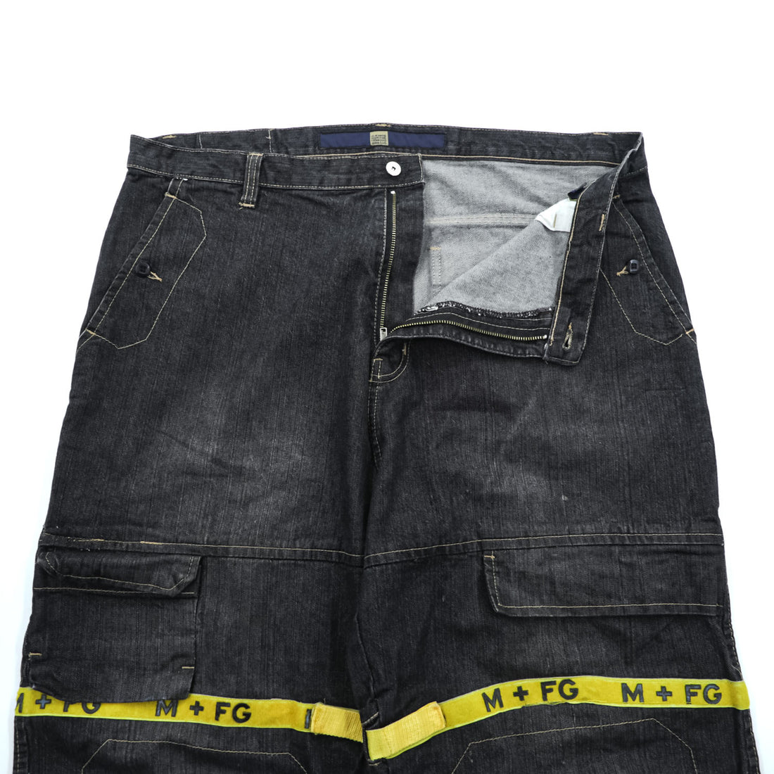 Marithe Francois Girbaud 90s Vintage Shuttle Tape Denim Cargo Pants Black Yellow Baggy Wide Leg W42 Y2K