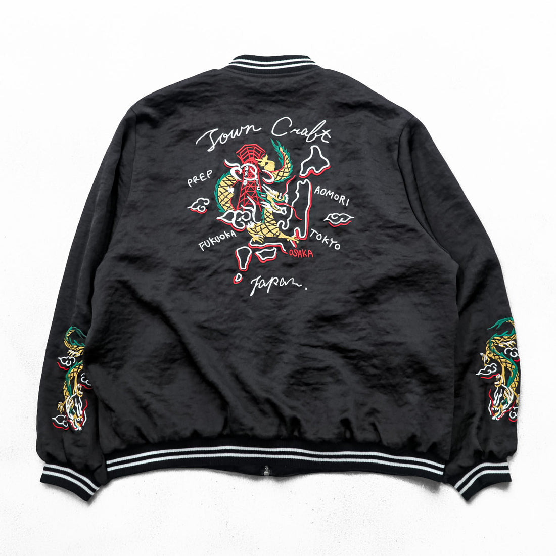 TOWNCRAFT Souvenir Jacket, Size L, Black, FREAK'S STORE Exclusive, Town Folk Art JAPAN, Tsutenkaku Tower Dragon Embroidery, IDEAL Zipper, 221-1531