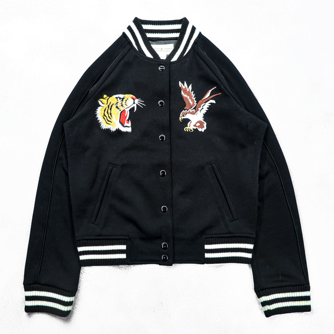 DENIM & SUPPLY RALPH LAUREN Souvenir Jacket, Size S, Black, Tiger and Eagle Embroidery, Snap Buttons