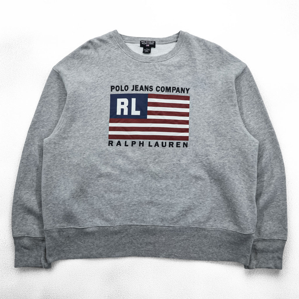 Polo Ralph Lauren POLO JEANS CO. 90s Vintage Stars and Stripes Logo Print Sweatshirt L Gray