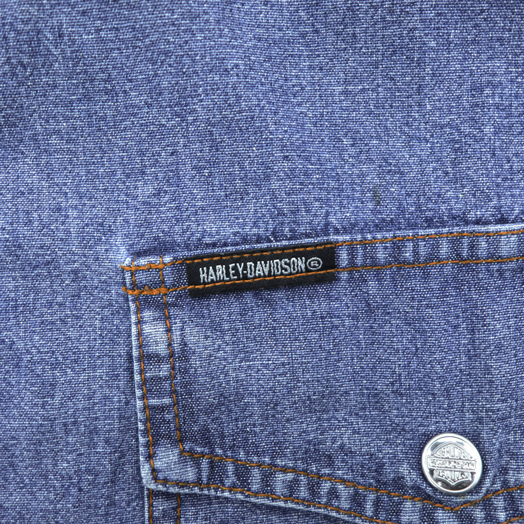 HARLEY DAVIDSON Denim Long-Sleeve Western Shirt, Size XL, Blue, Snap Button