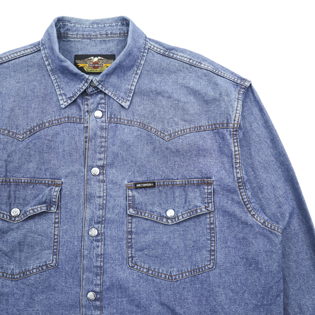 HARLEY DAVIDSON Denim Long-Sleeve Western Shirt, Size XL, Blue, Snap Button