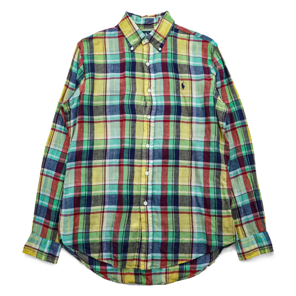 Ralph Lauren 90s Vintage Long-Sleeve Button-Down Shirt, Size M, Yellow, Green, Red, Small Pony Logo Embroidery