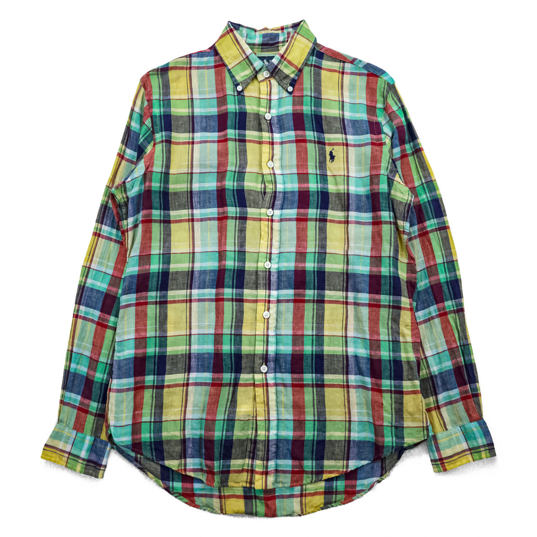 Ralph Lauren 90年代 リネン マドラスチェック 長袖シャツ M イエロー グリーン レッド CUSTOM FIT ボタンダウン スモールポニー ロゴ 刺繍