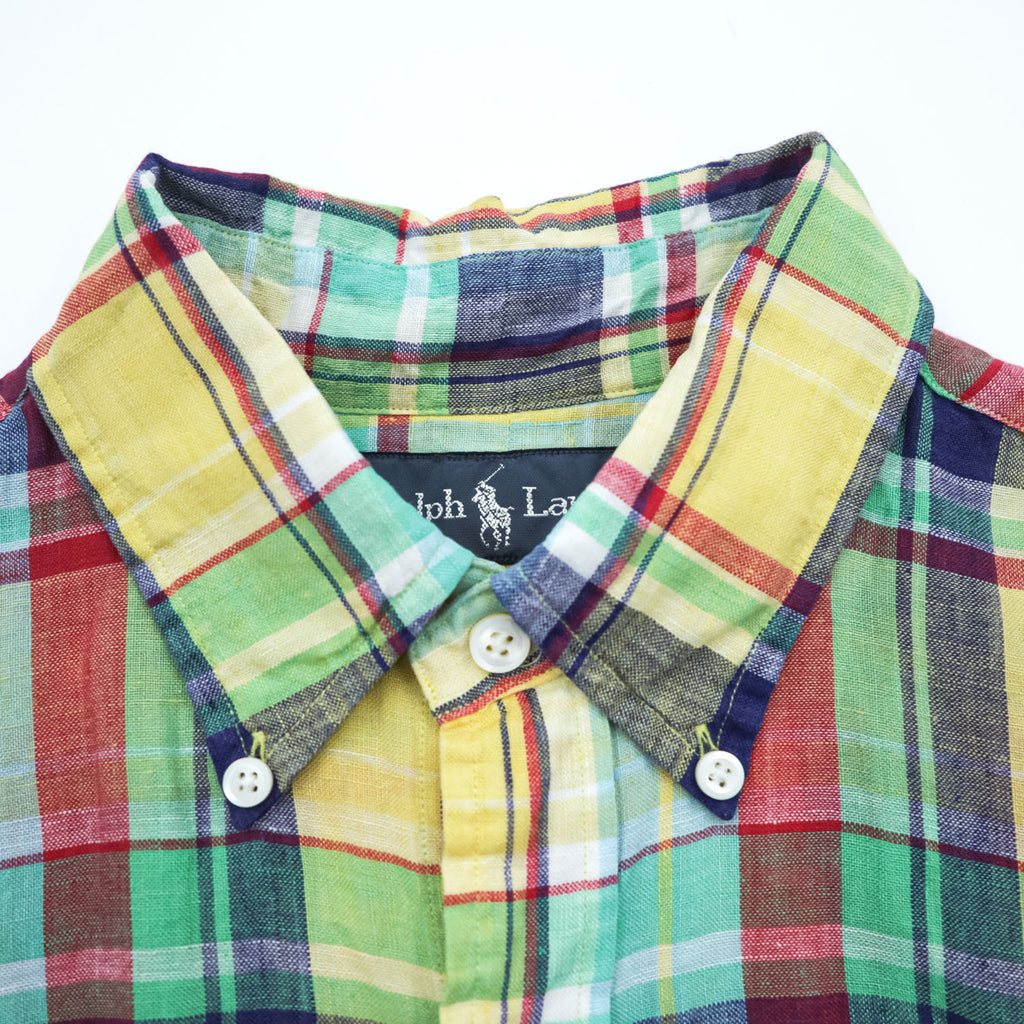 Ralph Lauren 90s Vintage Long-Sleeve Button-Down Shirt, Size M, Yellow, Green, Red, Small Pony Logo Embroidery