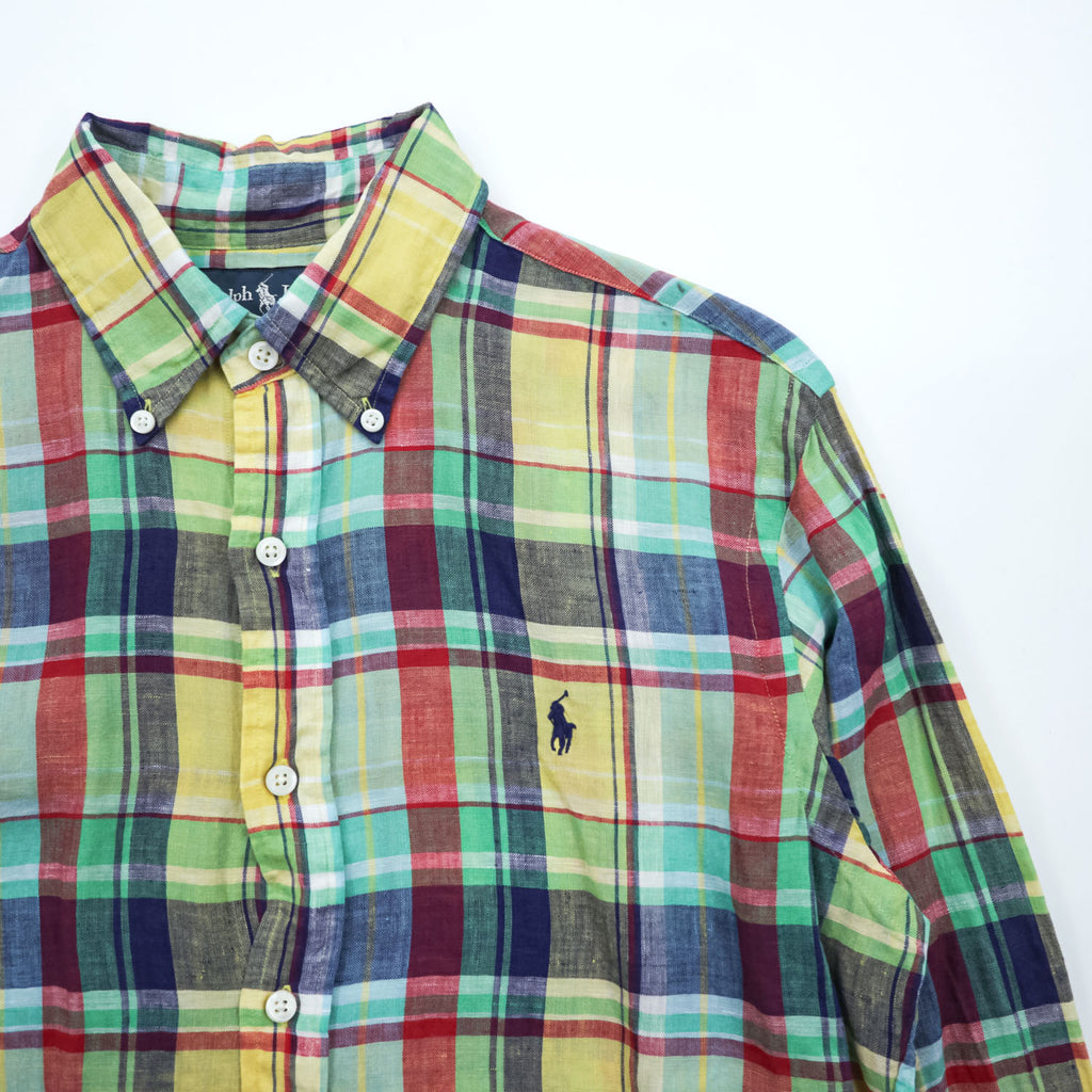 Ralph Lauren 90s Vintage Long-Sleeve Button-Down Shirt, Size M, Yellow, Green, Red, Small Pony Logo Embroidery