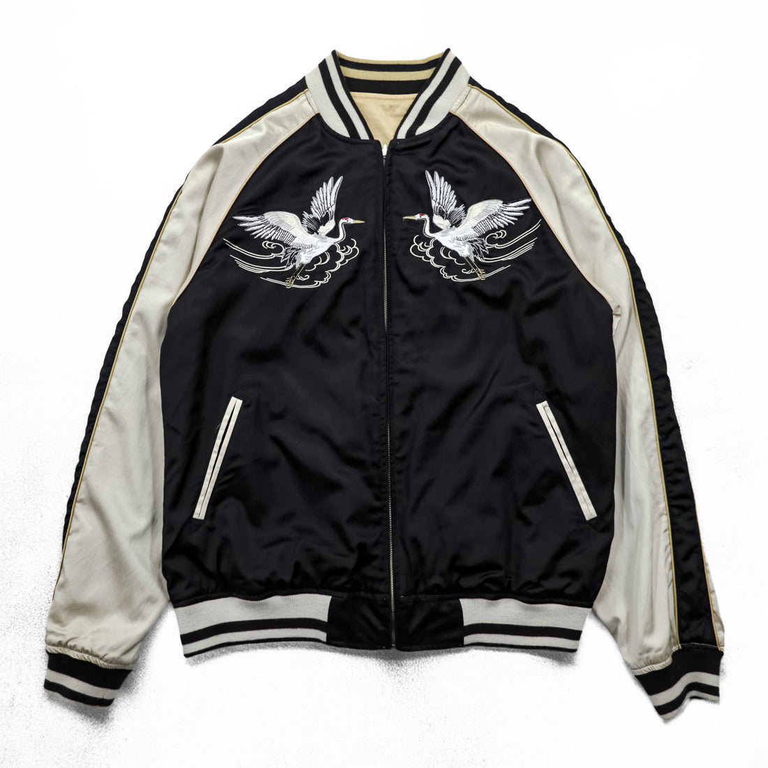 絡繰魂 リバーシブル スカジャン スーベニアジャケット L サテン レーヨン 和柄 刺繍 錦鯉 鶴 283814