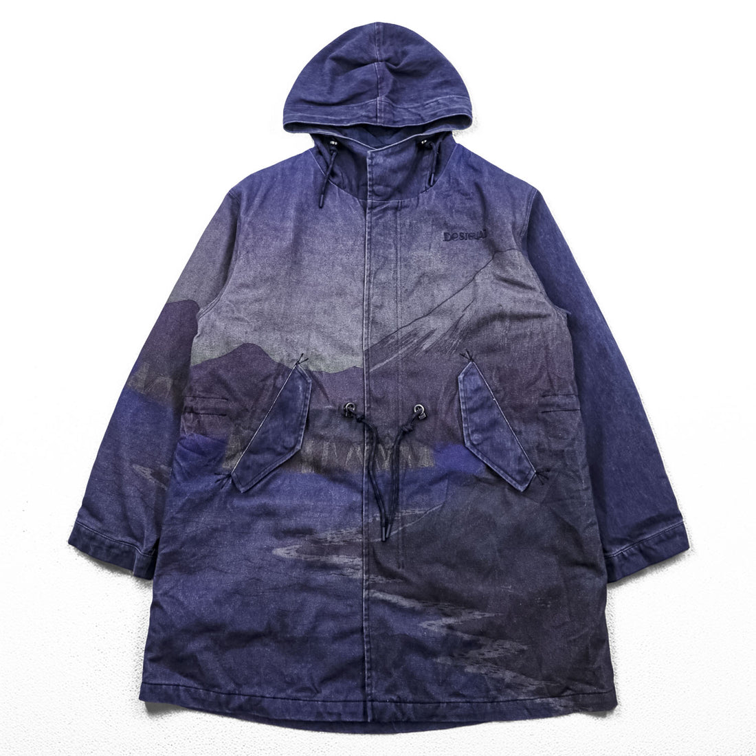 Desigual モッズコート M インディゴ ブルー 総柄 ドローコード 中綿 ライナー着脱 風景 浮世絵 23SMEW03