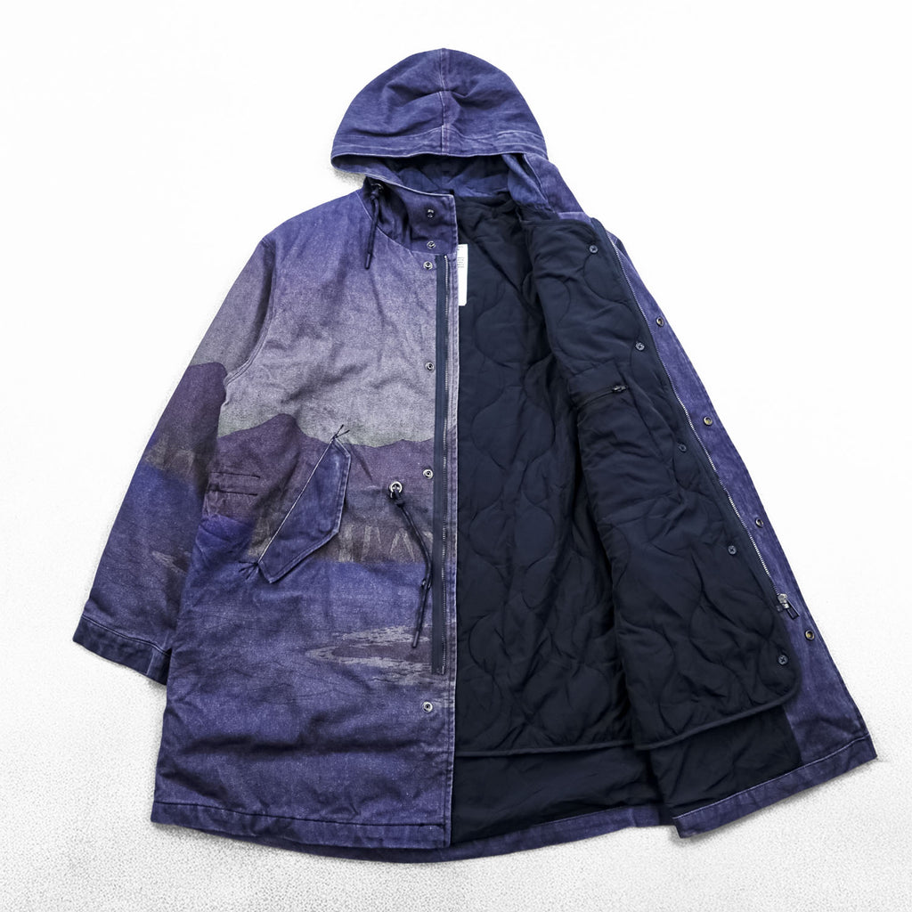 Desigual Mod Parka M Indigo Blue Patterned Drawstring Detachable Liner Landscape Ukiyo-e 23SMEW03