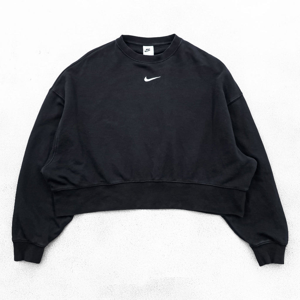 NIKE Oversized Cropped Sweatshirt, Free Size, Black, Center Swoosh, Short Length, Wide Silhouette, DJ7665-010