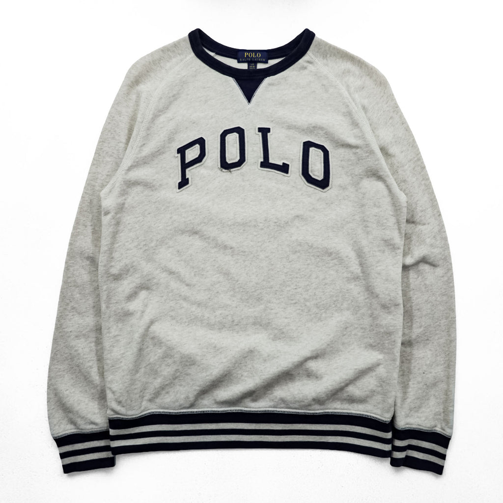 Polo Ralph Lauren V-gusset sweatshirt, size L, beige/navy, with arch logo patch and ribbed trim.