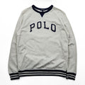 Polo Ralph Lauren V-gusset sweatshirt, size L, beige/navy, with arch logo patch and ribbed trim.
