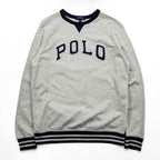 Polo Ralph Lauren V-gusset sweatshirt, size L, beige/navy, with arch logo patch and ribbed trim.