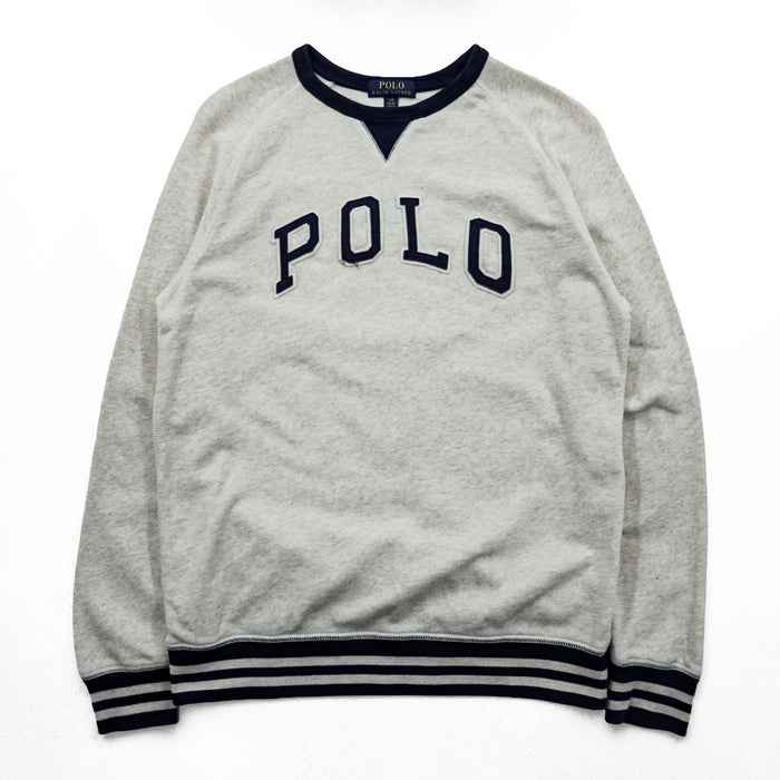 Polo Ralph Lauren V-gusset sweatshirt, size L, beige/navy, with arch logo patch and ribbed trim.