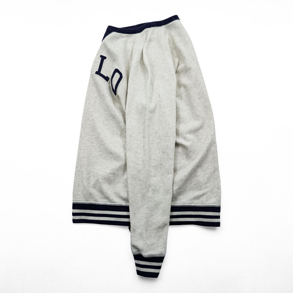 Polo Ralph Lauren V-gusset sweatshirt, size L, beige/navy, with arch logo patch and ribbed trim.