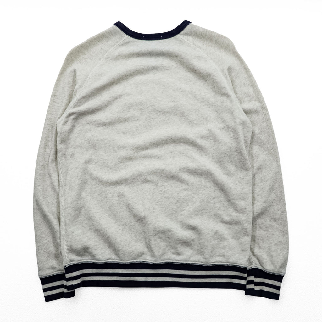 Polo Ralph Lauren V-gusset sweatshirt, size L, beige/navy, with arch logo patch and ribbed trim.