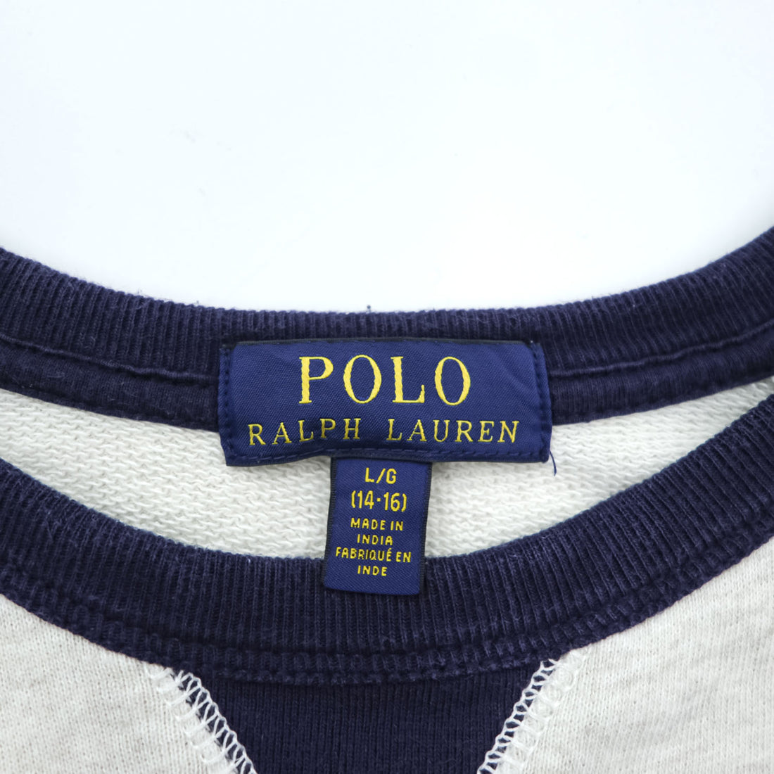 Polo Ralph Lauren V-gusset sweatshirt, size L, beige/navy, with arch logo patch and ribbed trim.