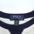 Polo Ralph Lauren V-gusset sweatshirt, size L, beige/navy, with arch logo patch and ribbed trim.