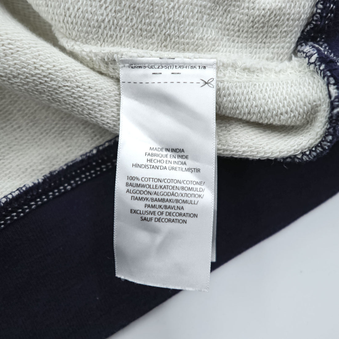 Polo Ralph Lauren V-gusset sweatshirt, size L, beige/navy, with arch logo patch and ribbed trim.