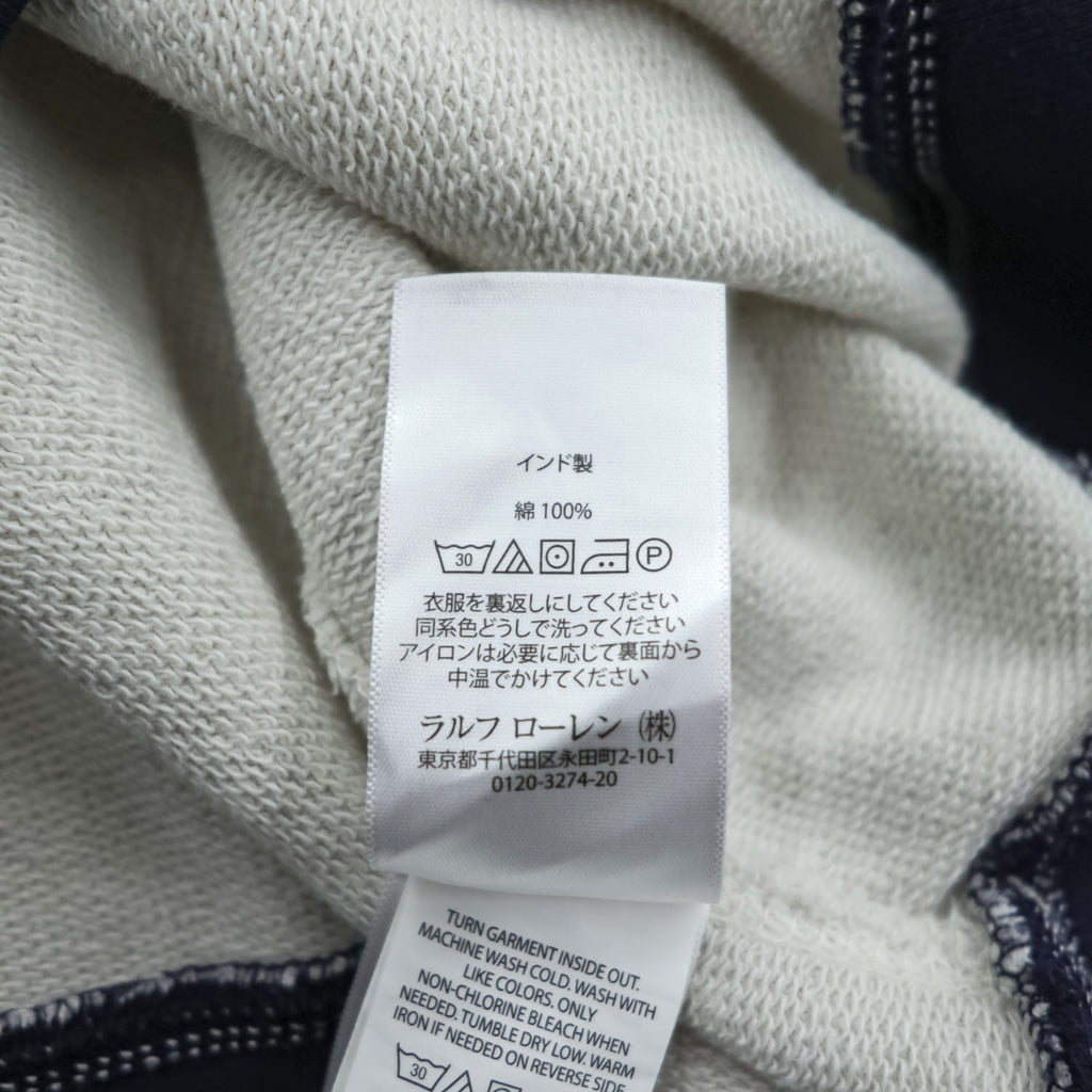 Polo Ralph Lauren V-gusset sweatshirt, size L, beige/navy, with arch logo patch and ribbed trim.