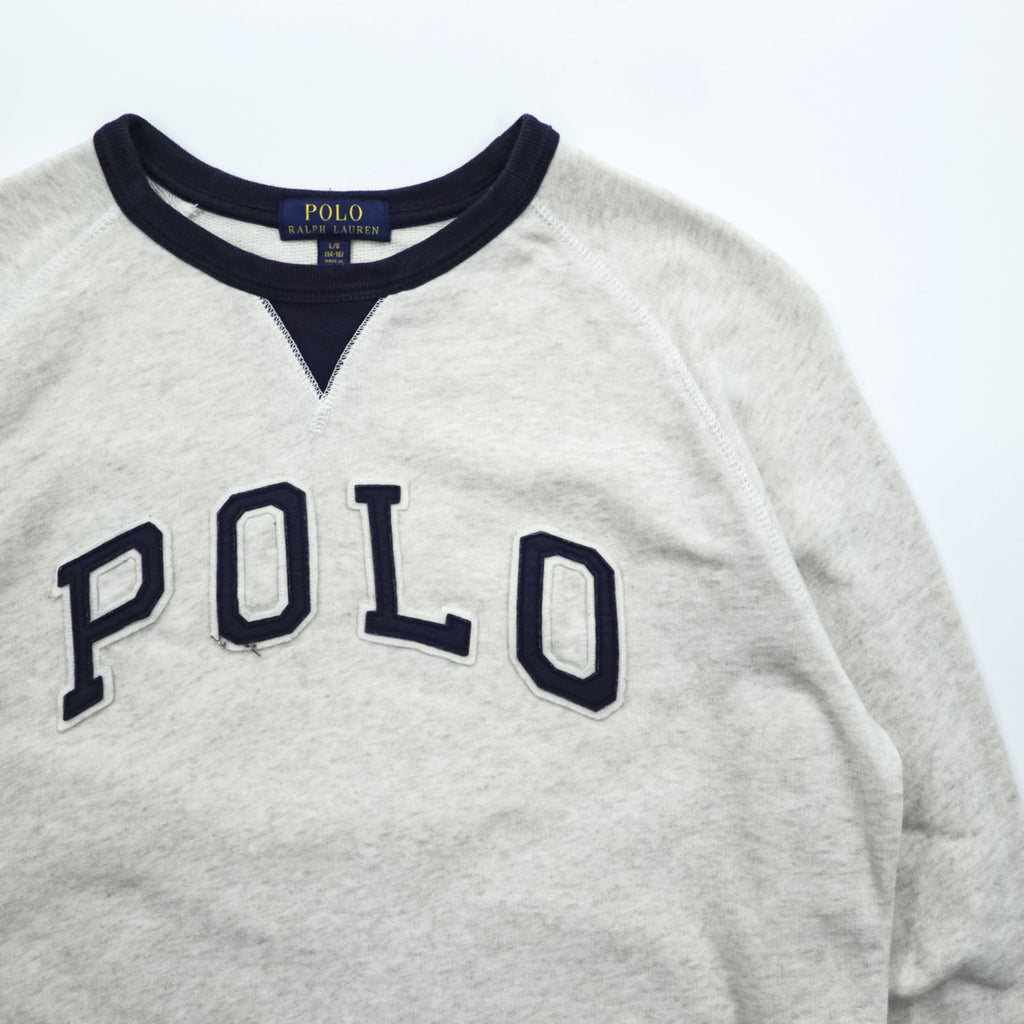 Polo Ralph Lauren V-gusset sweatshirt, size L, beige/navy, with arch logo patch and ribbed trim.