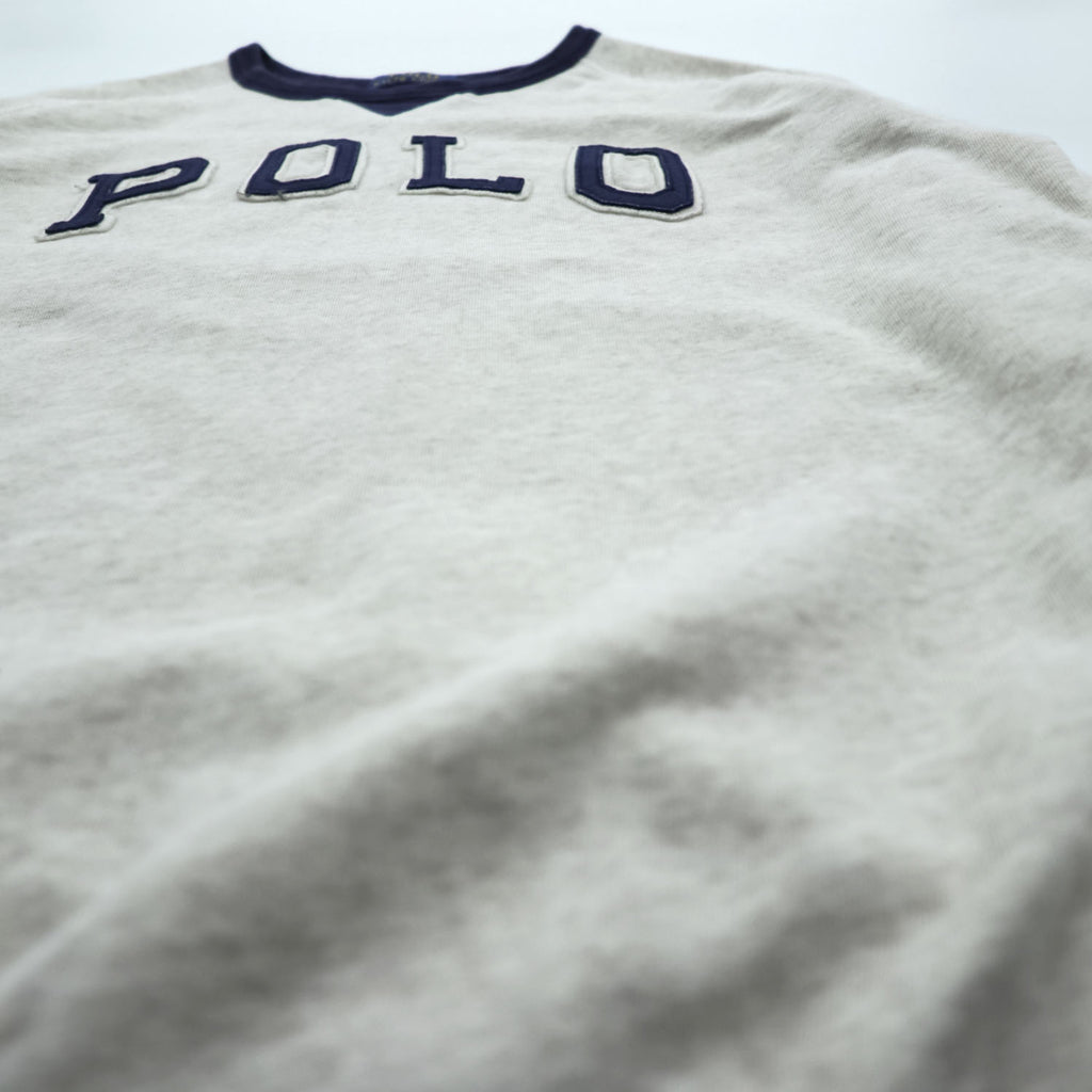 Polo Ralph Lauren V-gusset sweatshirt, size L, beige/navy, with arch logo patch and ribbed trim.
