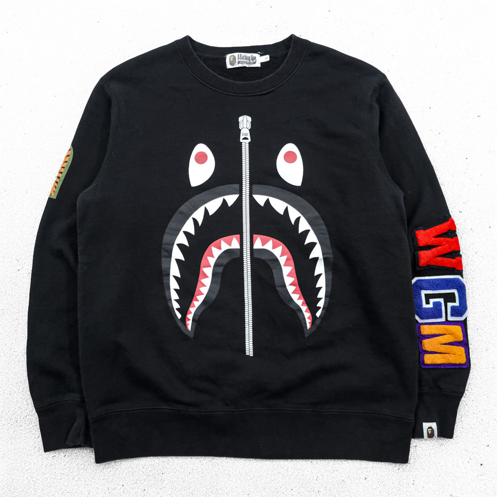 A Bathing Ape BAPE Shark Crewneck Sweatshirt Black WGM Patch Made in Japan Cotton