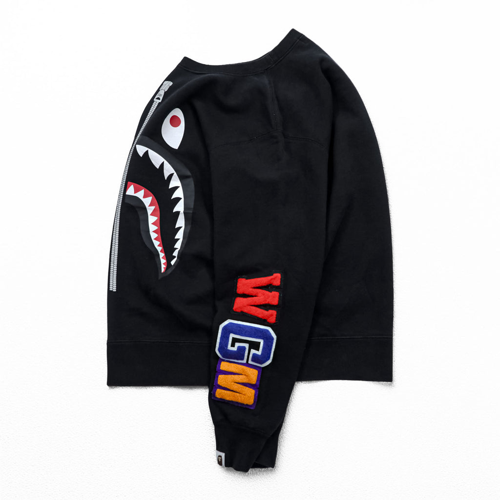 A Bathing Ape BAPE Shark Crewneck Sweatshirt Black WGM Patch Made in Japan Cotton