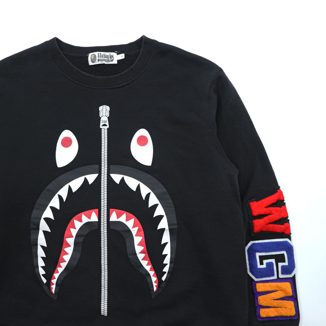 A Bathing Ape BAPE Shark Crewneck Sweatshirt Black WGM Patch Made in Japan Cotton