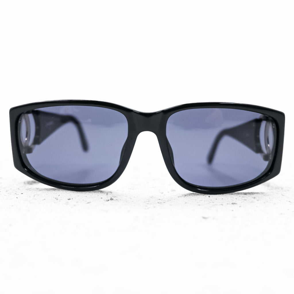 CHANEL CC Logo Sunglasses Black Square Frame Blue Tinted Lenses Silver Hardware Vintage