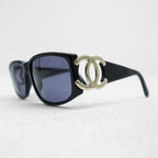 CHANEL CC Logo Sunglasses Black Square Frame Blue Tinted Lenses Silver Hardware Vintage