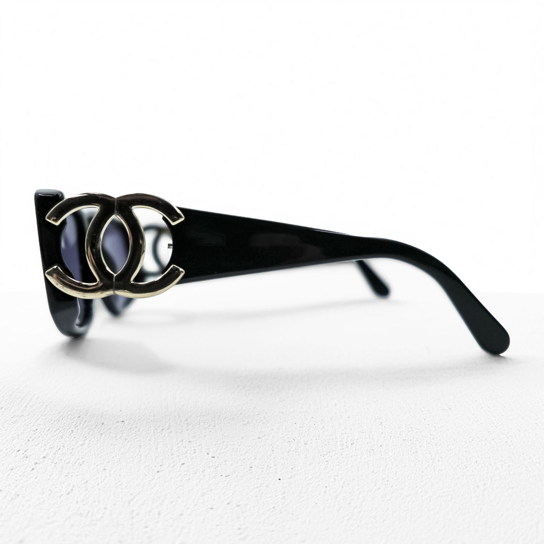 CHANEL CC Logo Sunglasses Black Square Frame Blue Tinted Lenses Silver Hardware Vintage