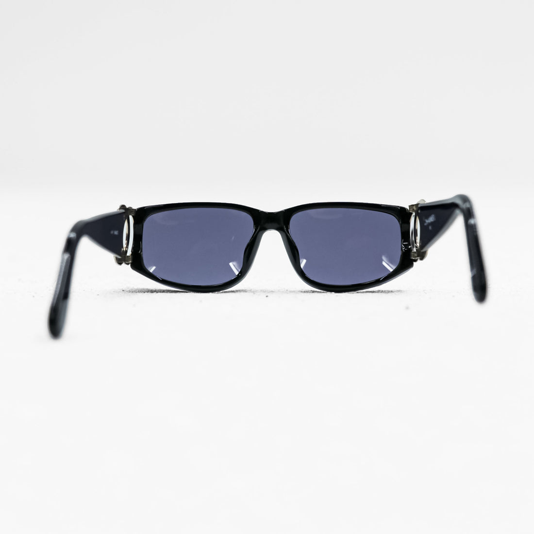 CHANEL CC Logo Sunglasses Black Square Frame Blue Tinted Lenses Silver Hardware Vintage
