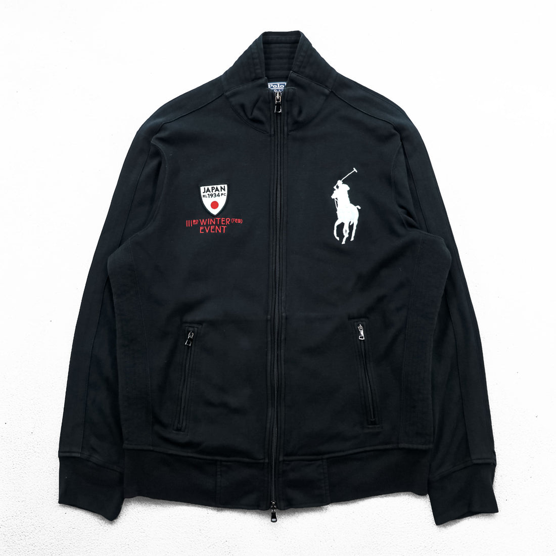 Polo Ralph Lauren 90s Vintage Track Jacket, Jersey, Size L, Black, Double Zip, Big Pony, JAPAN