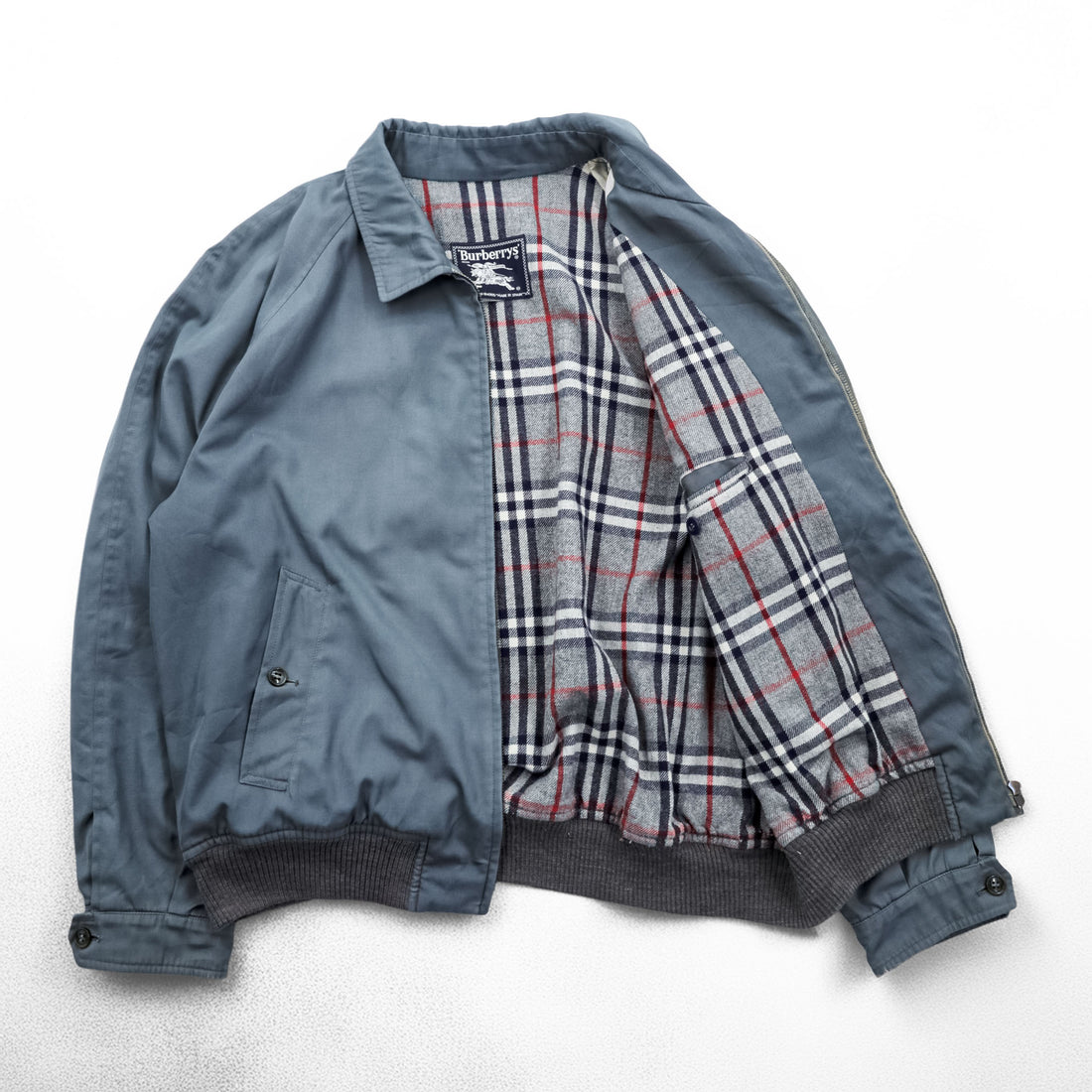 Vintage 90s Burberrys Harrington Jacket Blue Gray Nova Check Lined Zip Blouson Made in Spain Size 44