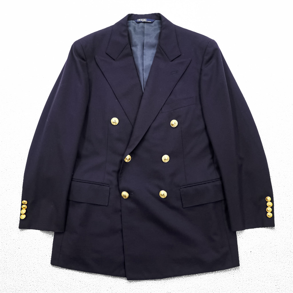 Polo Ralph Lauren 90s Vintage, Made in Japan, Peaked Lapel, Double-Breasted, Tailored Jacket, Blazer, Navy, Size M, Navy Gabardine, Gold Buttons