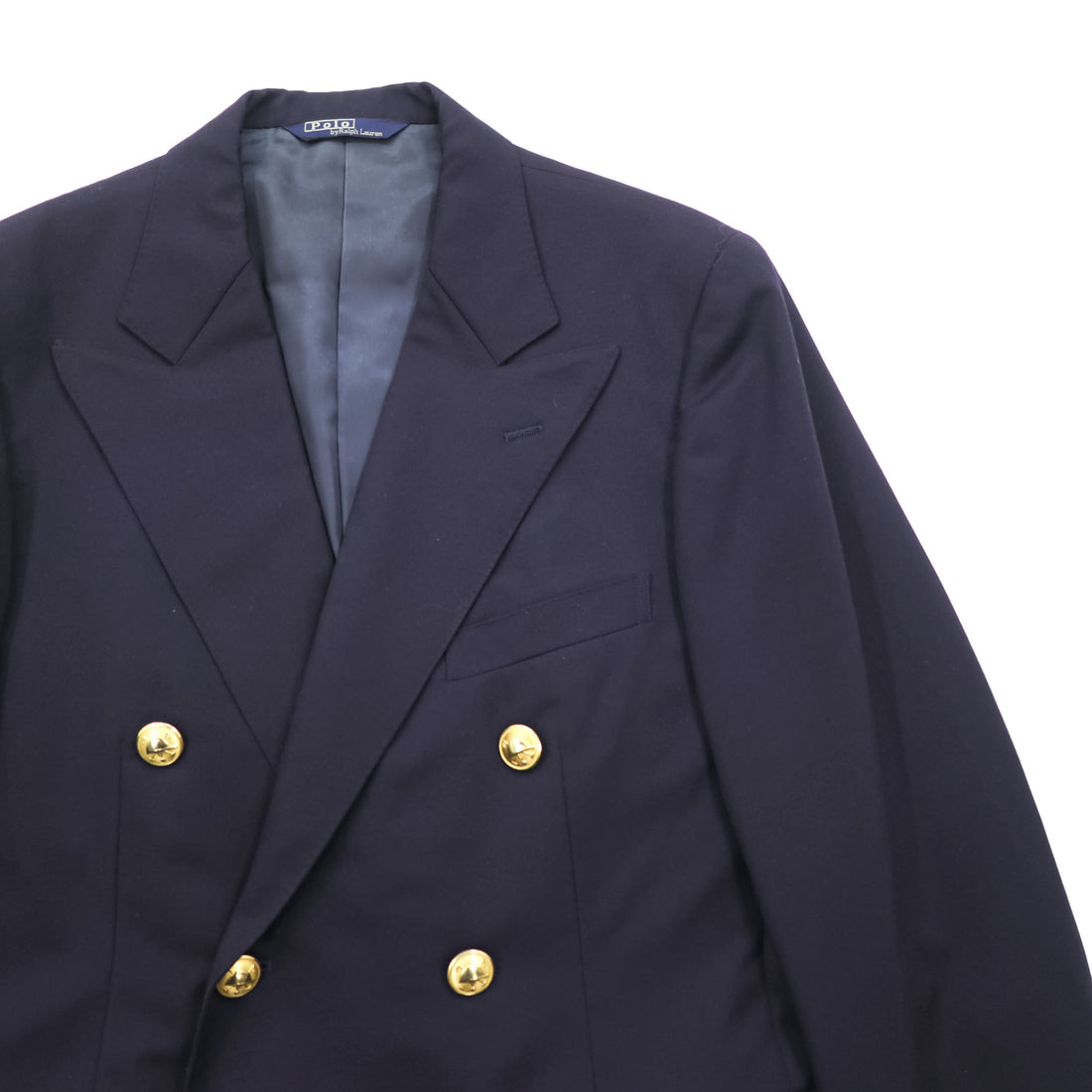 Polo Ralph Lauren 90s Vintage, Made in Japan, Peaked Lapel, Double-Breasted, Tailored Jacket, Blazer, Navy, Size M, Navy Gabardine, Gold Buttons