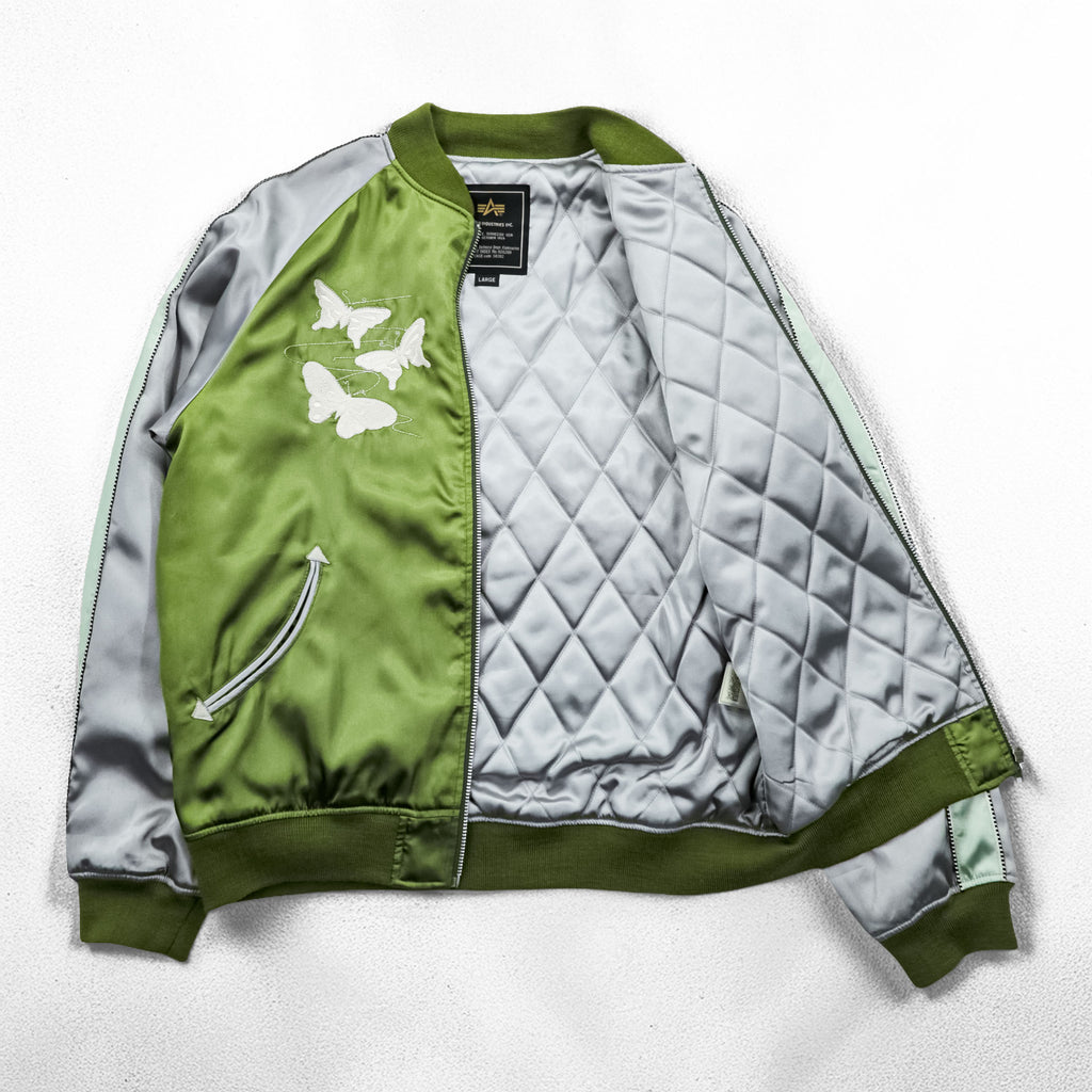 ALPHA INDUSTRIES スカジャン 中綿 スーベニアジャケット L グリーン シルバー 和柄 刺繍 蝶 花 鳥 22801-21
