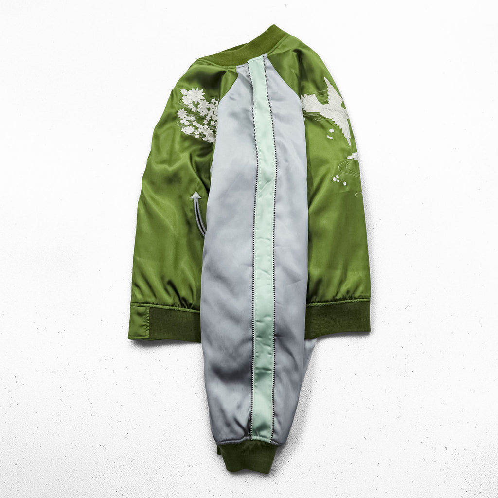 ALPHA INDUSTRIES スカジャン 中綿 スーベニアジャケット L グリーン シルバー 和柄 刺繍 蝶 花 鳥 22801-21