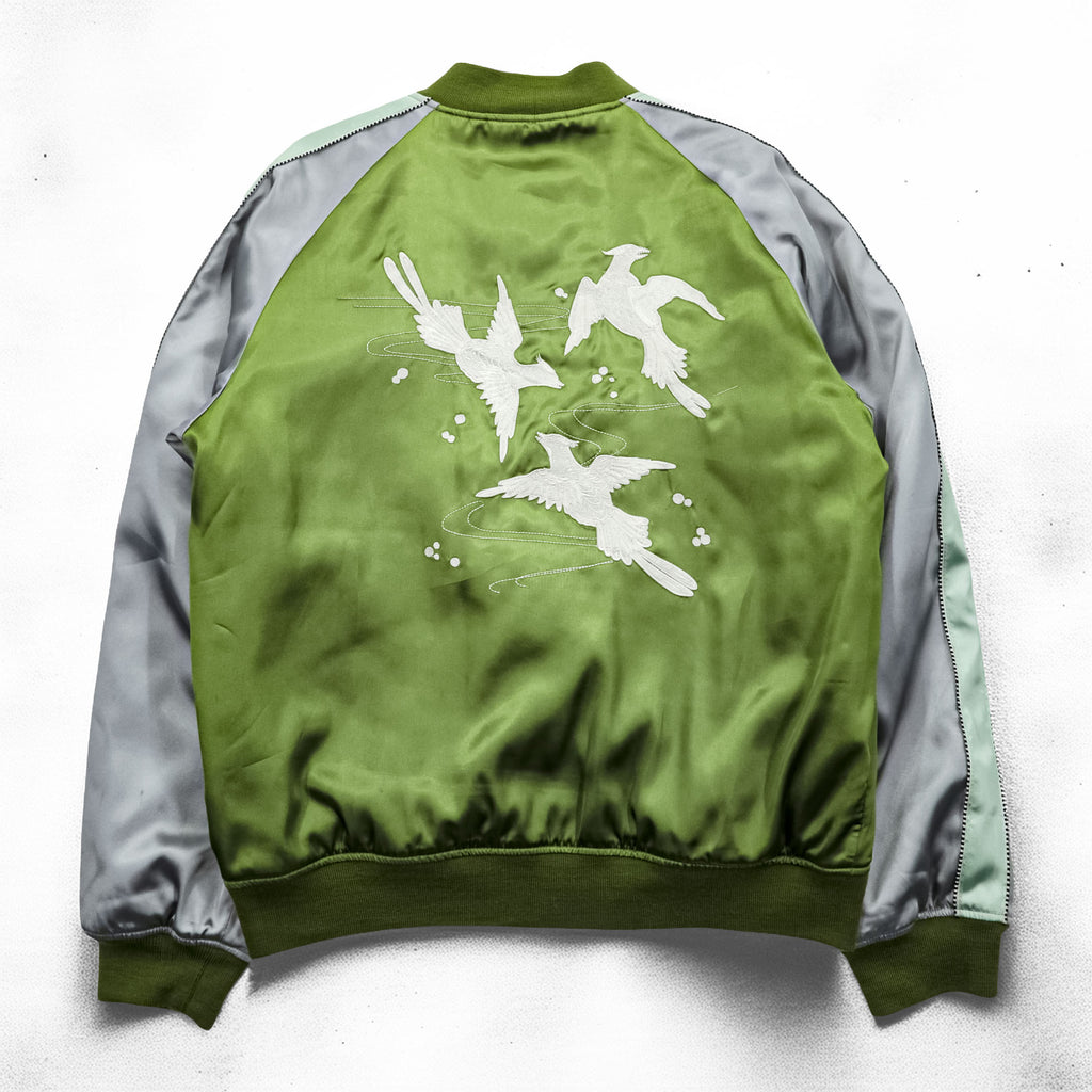 ALPHA INDUSTRIES スカジャン 中綿 スーベニアジャケット L グリーン シルバー 和柄 刺繍 蝶 花 鳥 22801-21