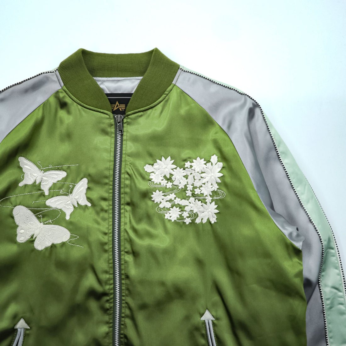 ALPHA INDUSTRIES スカジャン 中綿 スーベニアジャケット L グリーン シルバー 和柄 刺繍 蝶 花 鳥 22801-21